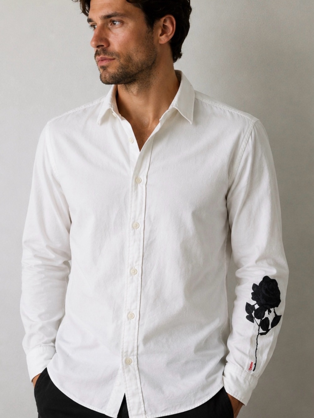 Hugo Boss White Button-Down Shirt with Black Rose Sleeve Motif